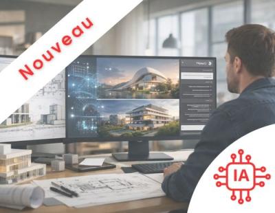 Ia et architecture , image montrant un ordinateur des courbes, des graphiques, des maquettes et le logo IA