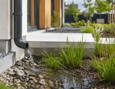 gouttiere avec eau qui coule et recuperation de l'eau dans un bassin de plantes