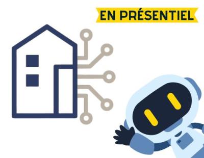 petit robot qui fait signe avec une maison derrière en électrode