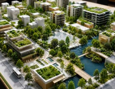 maquette d'une ville avec végétations et plan d'eau